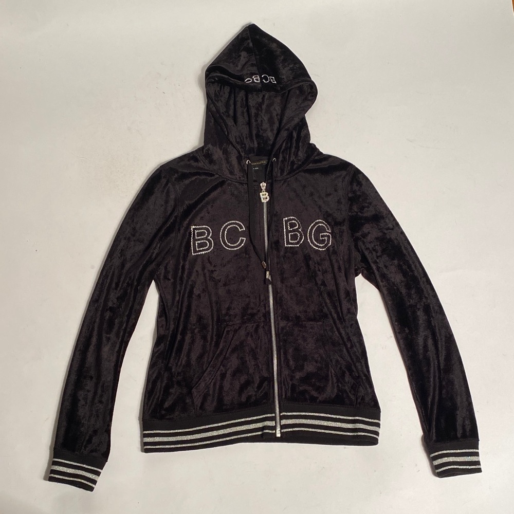 Vintage Y2K BCBG, Max Azria Velvet Zip Up Hoodie w Rhinestone Logos & Dragon M-L